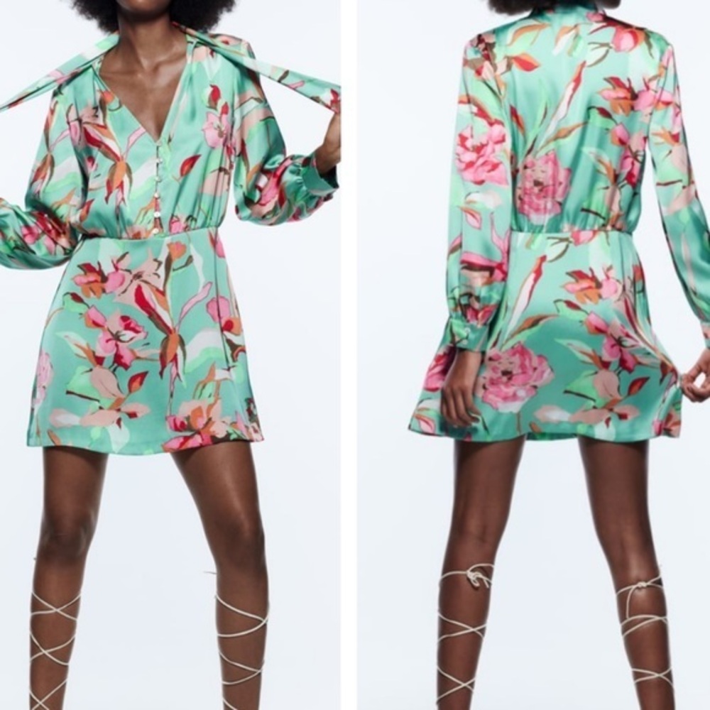 Zara Mint Floral Tie-Neck Mini Dress with Pink Accents